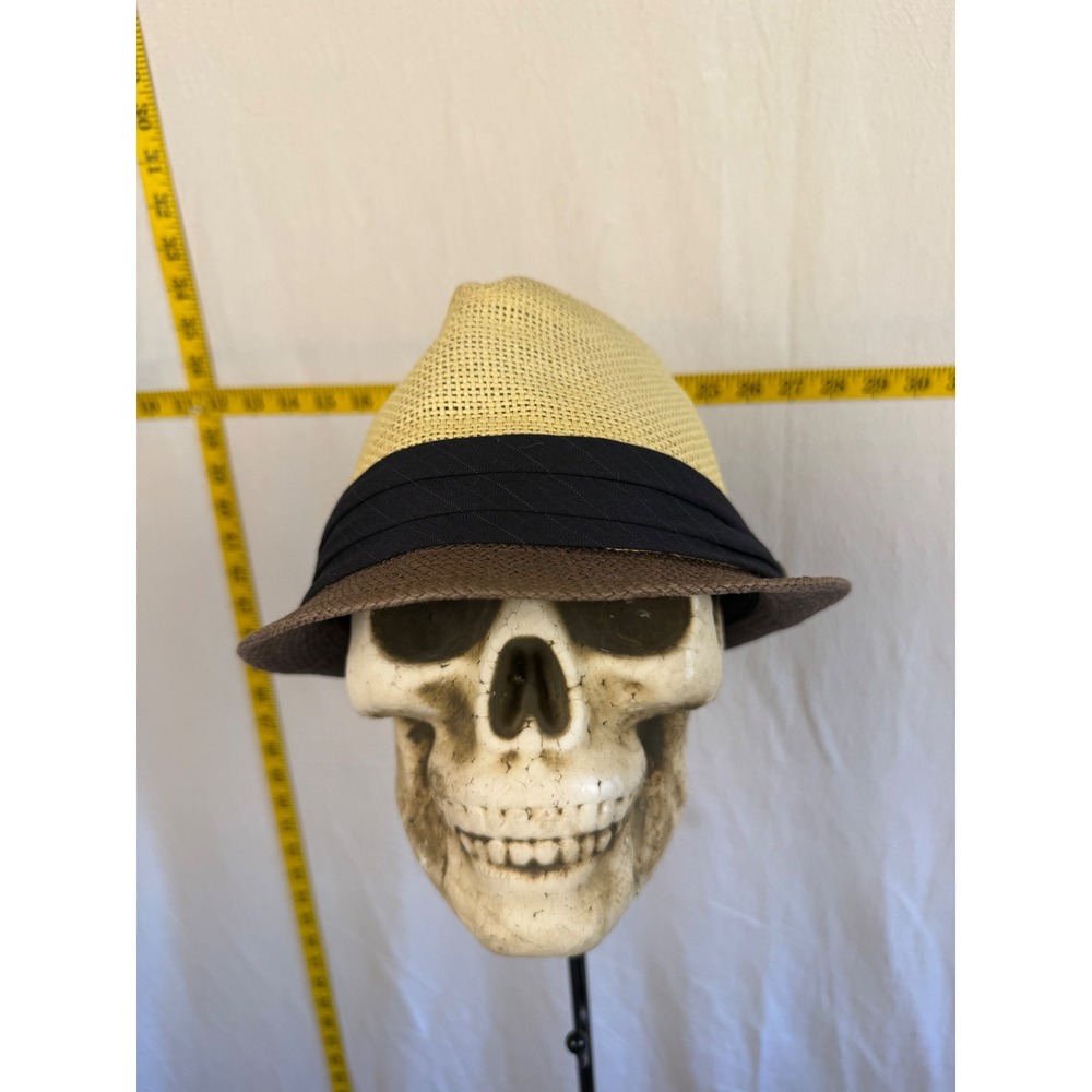 English Laundry Straw Fedora Hat S-M Cream Brown Preppy Pinstripe Band Button